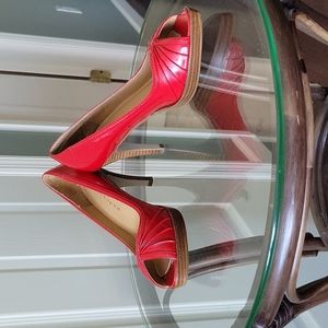 Apostrophe Red Patent Leather Faux Wood Heels